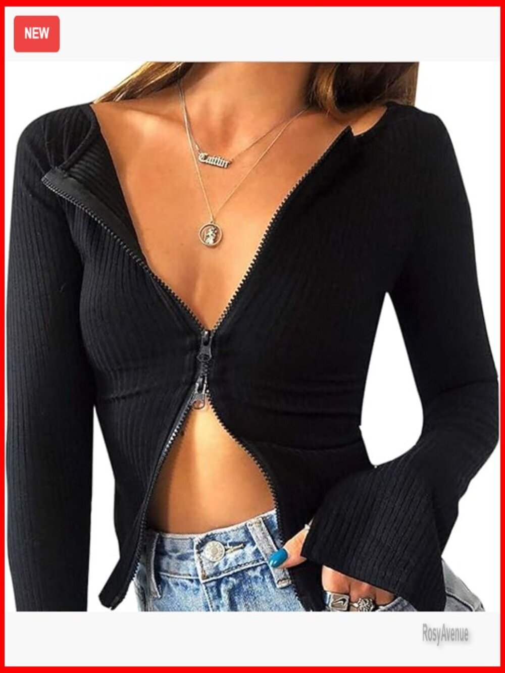 Sexy Ribbed Knitted Crop Top Double Zip Up Long Sleeve T Shirt for Party